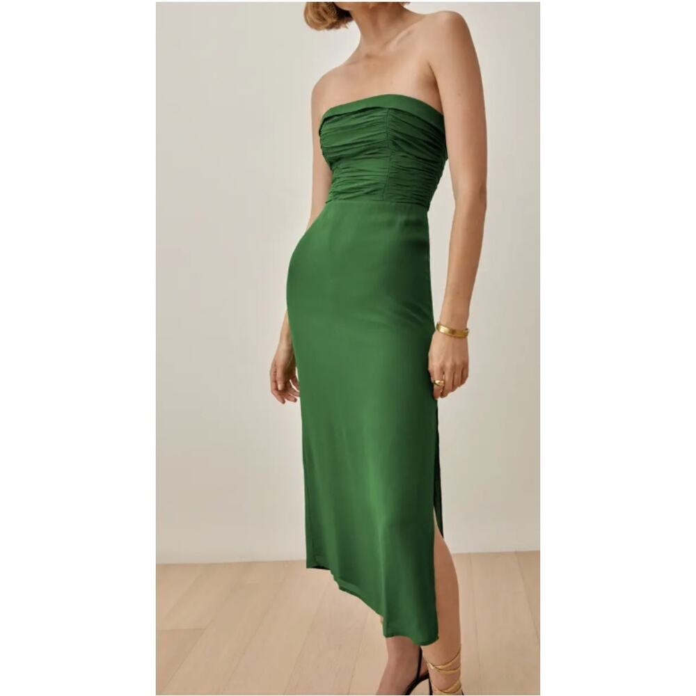 Reformation Lore Ruched Strapless Midi Dress Green Tube Slit Party Size 0